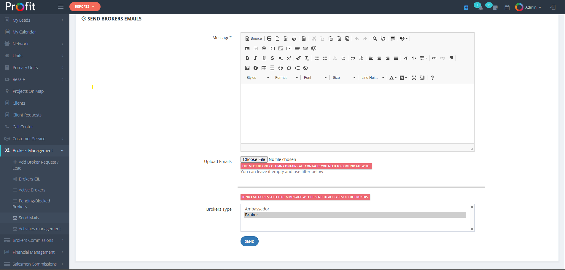 Send Brokers Emails Interface
